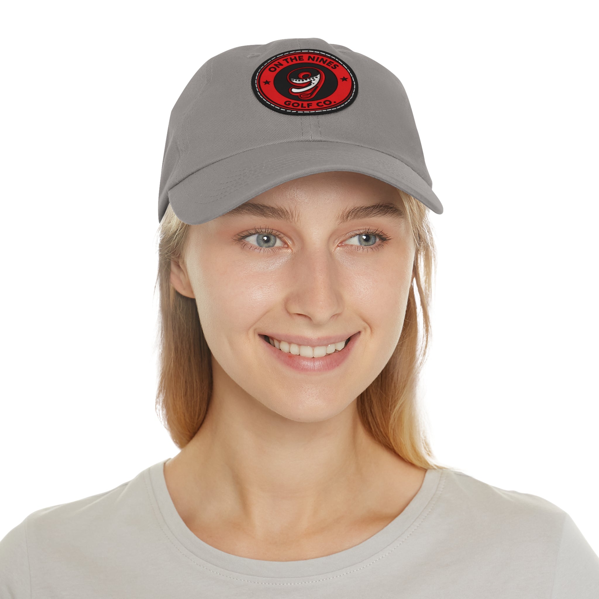 Golf Dad Hat with Red Leather Patch — "On The Nines" Logo Cap