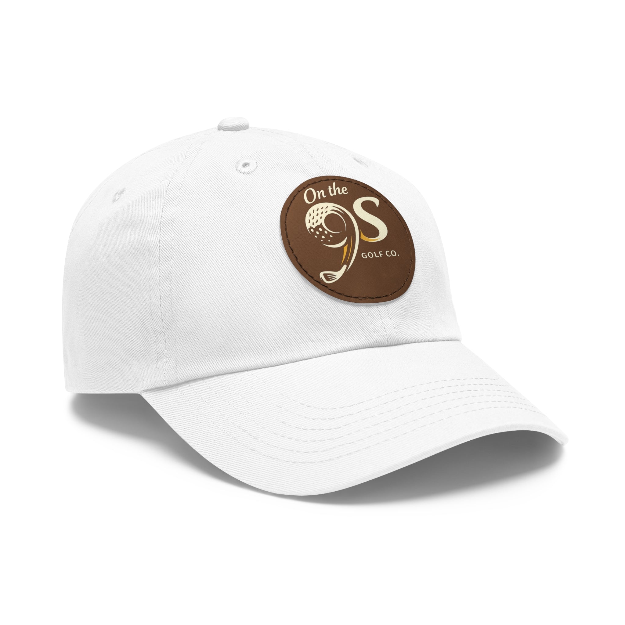 Golf Dad Hat with Round Leather Patch — "On the 9s" Vintage Golf Logo