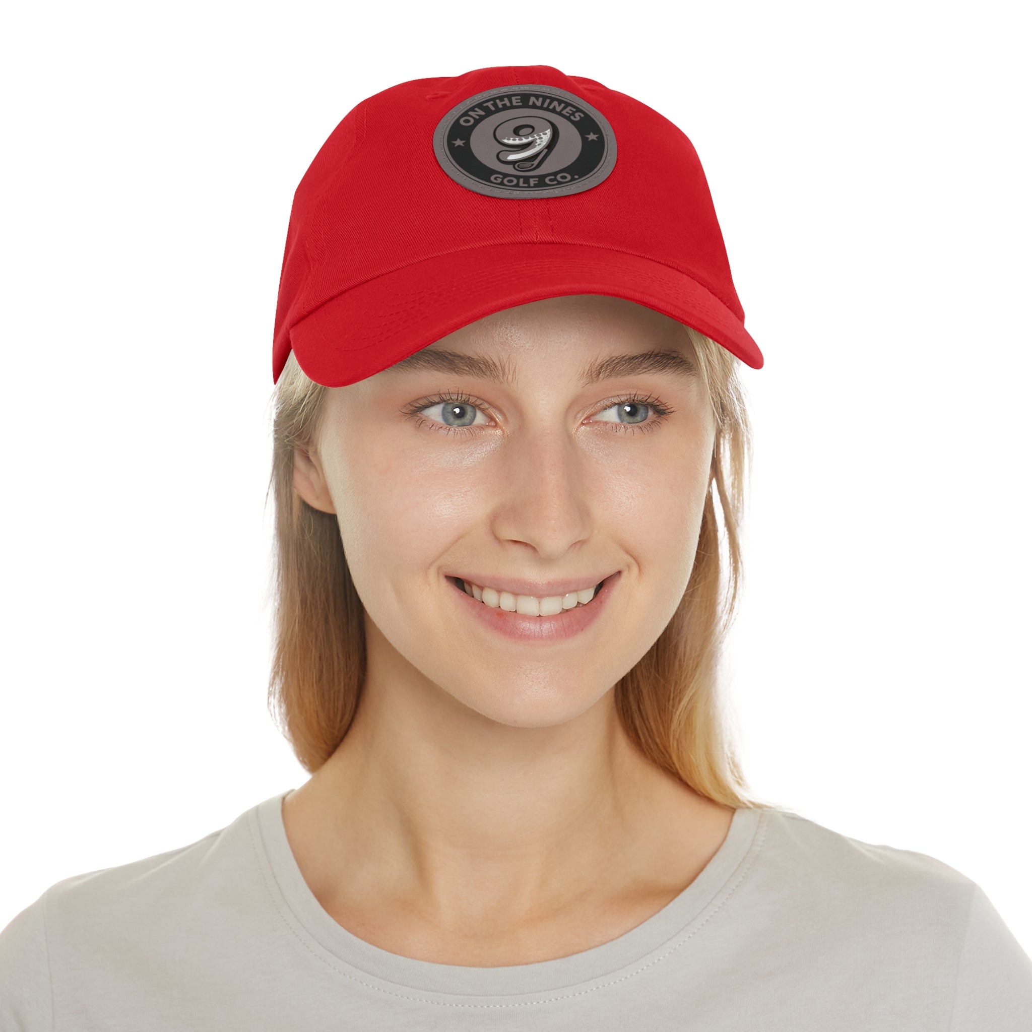 Golf Leather Patch Dad Hat — "On The Nines" Round Logo