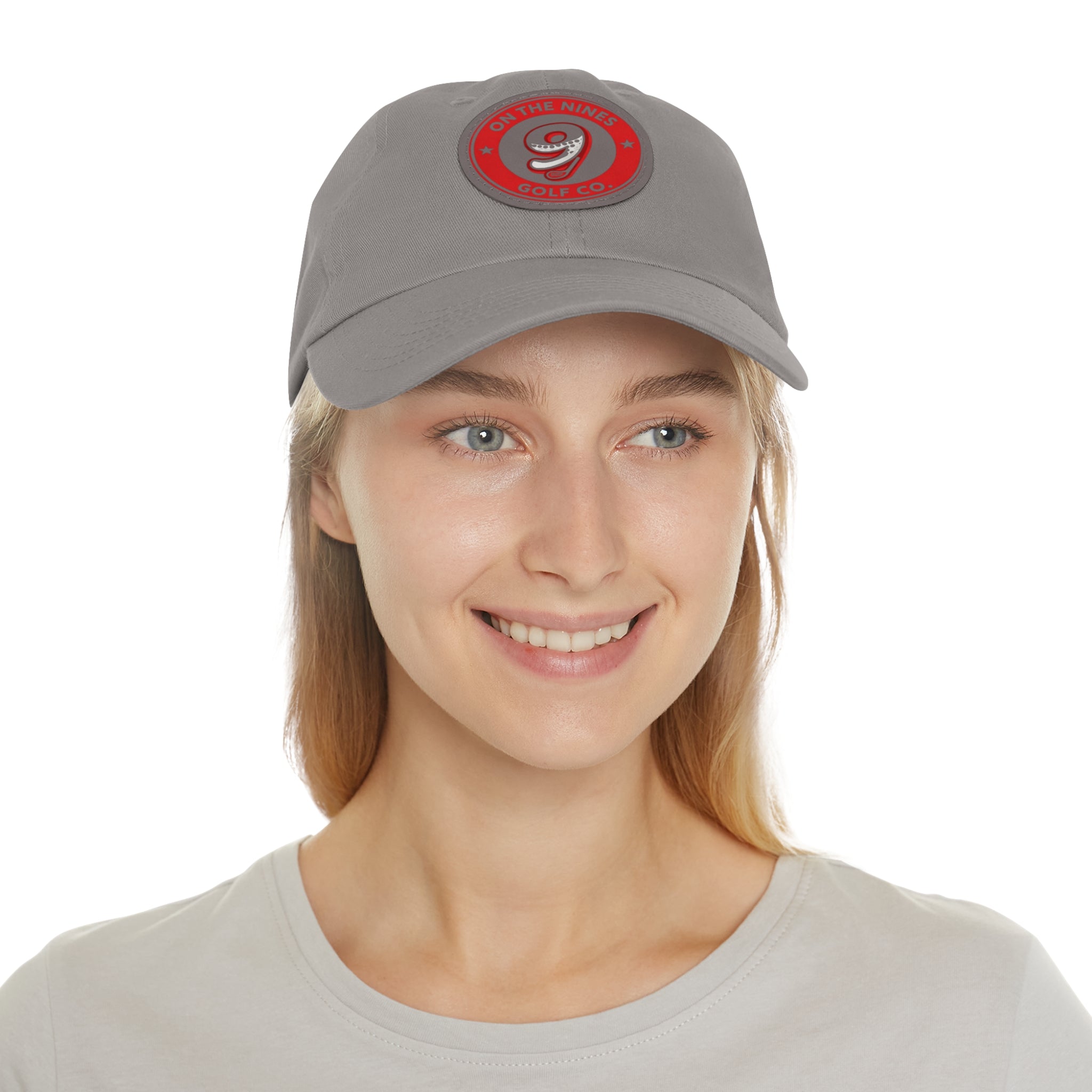 Golf Dad Hat with Red Leather Patch — "On The Nines" Logo Cap
