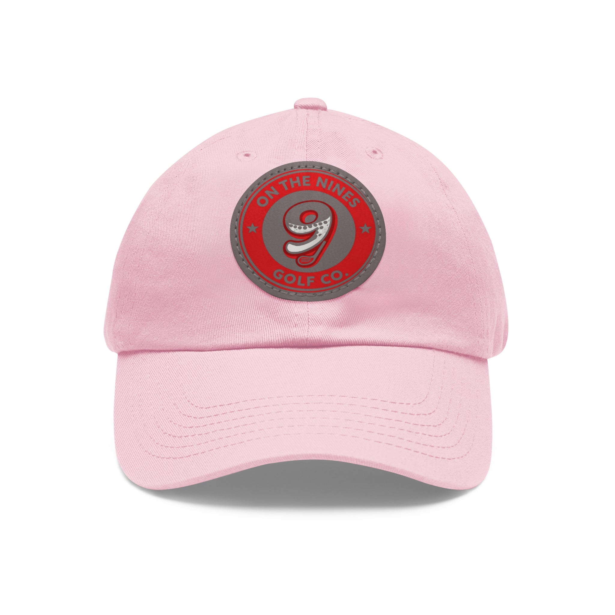Golf Dad Hat with Red Leather Patch — "On The Nines" Logo Cap
