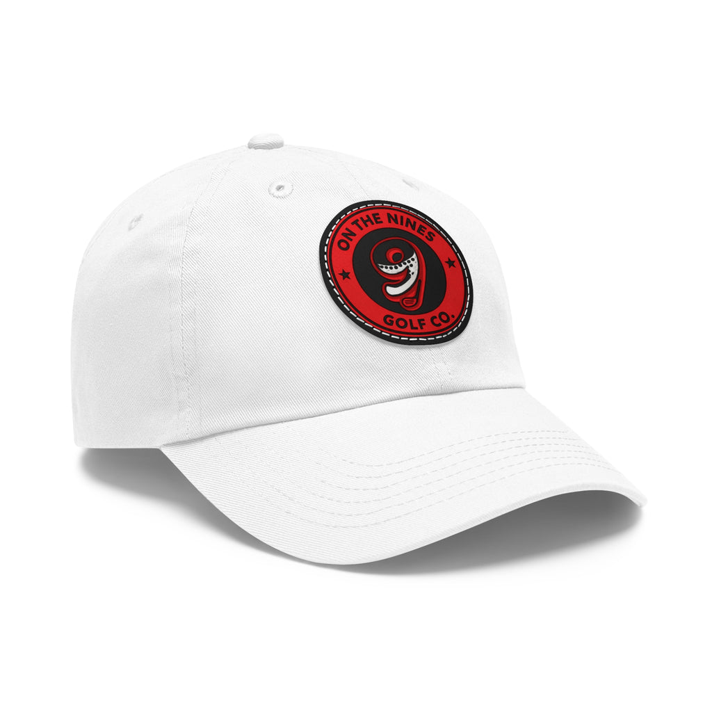 Golf Dad Hat with Red Leather Patch — "On The Nines" Logo Cap