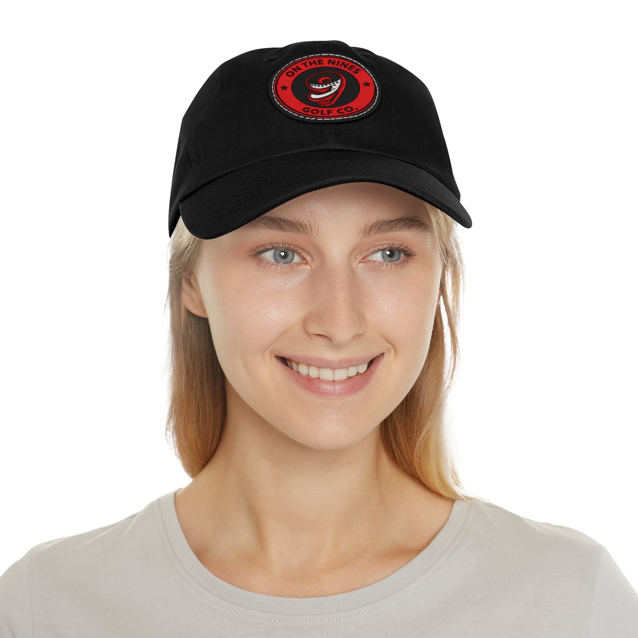 Golf Dad Hat with Red Leather Patch — "On The Nines" Logo Cap