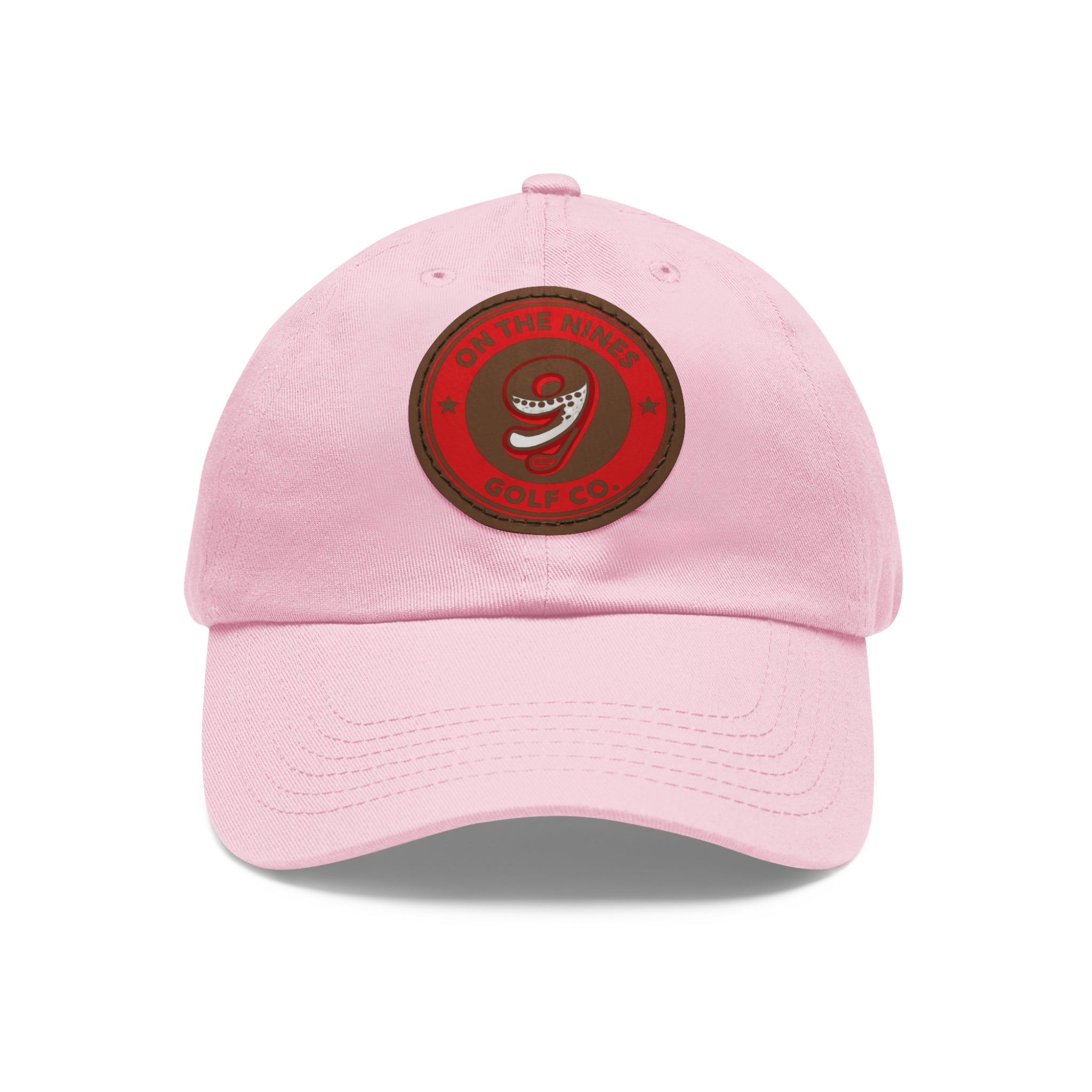 Golf Dad Hat with Red Leather Patch — "On The Nines" Logo Cap
