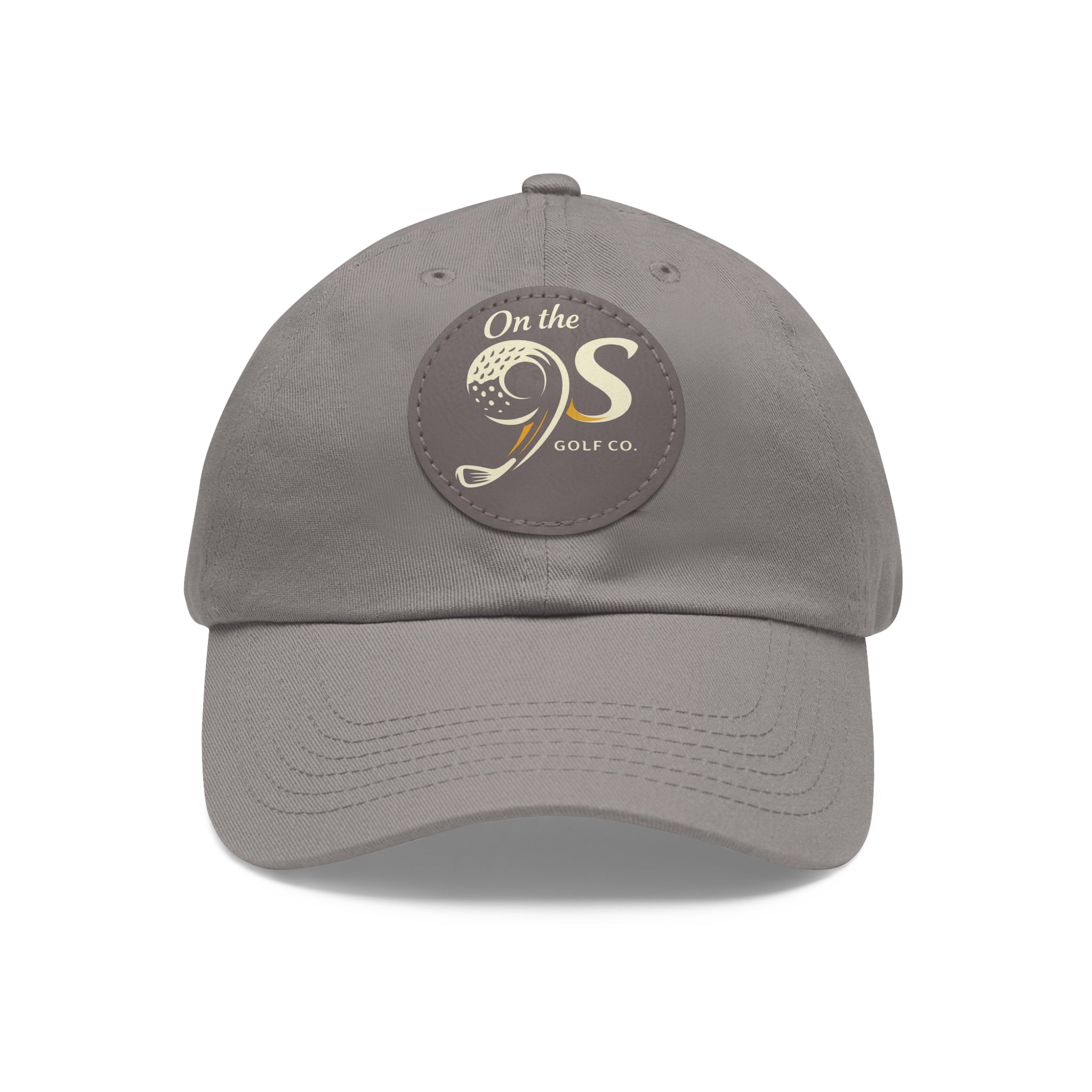 Golf Dad Hat with Round Leather Patch — "On the 9s" Vintage Golf Logo