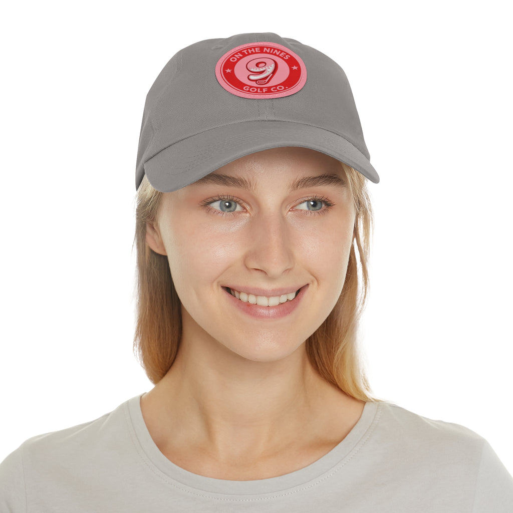 Golf Dad Hat with Red Leather Patch — "On The Nines" Logo Cap