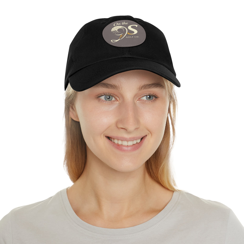 Golf Dad Hat with Round Leather Patch — "On the 9s" Vintage Golf Logo