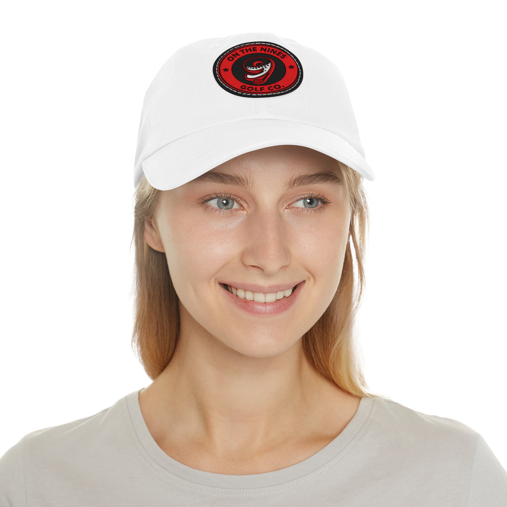 Golf Dad Hat with Red Leather Patch — "On The Nines" Logo Cap