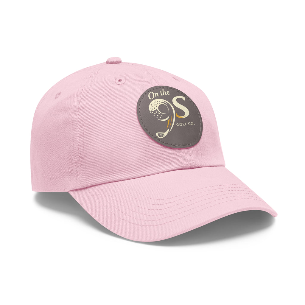 Golf Dad Hat with Round Leather Patch — "On the 9s" Vintage Golf Logo