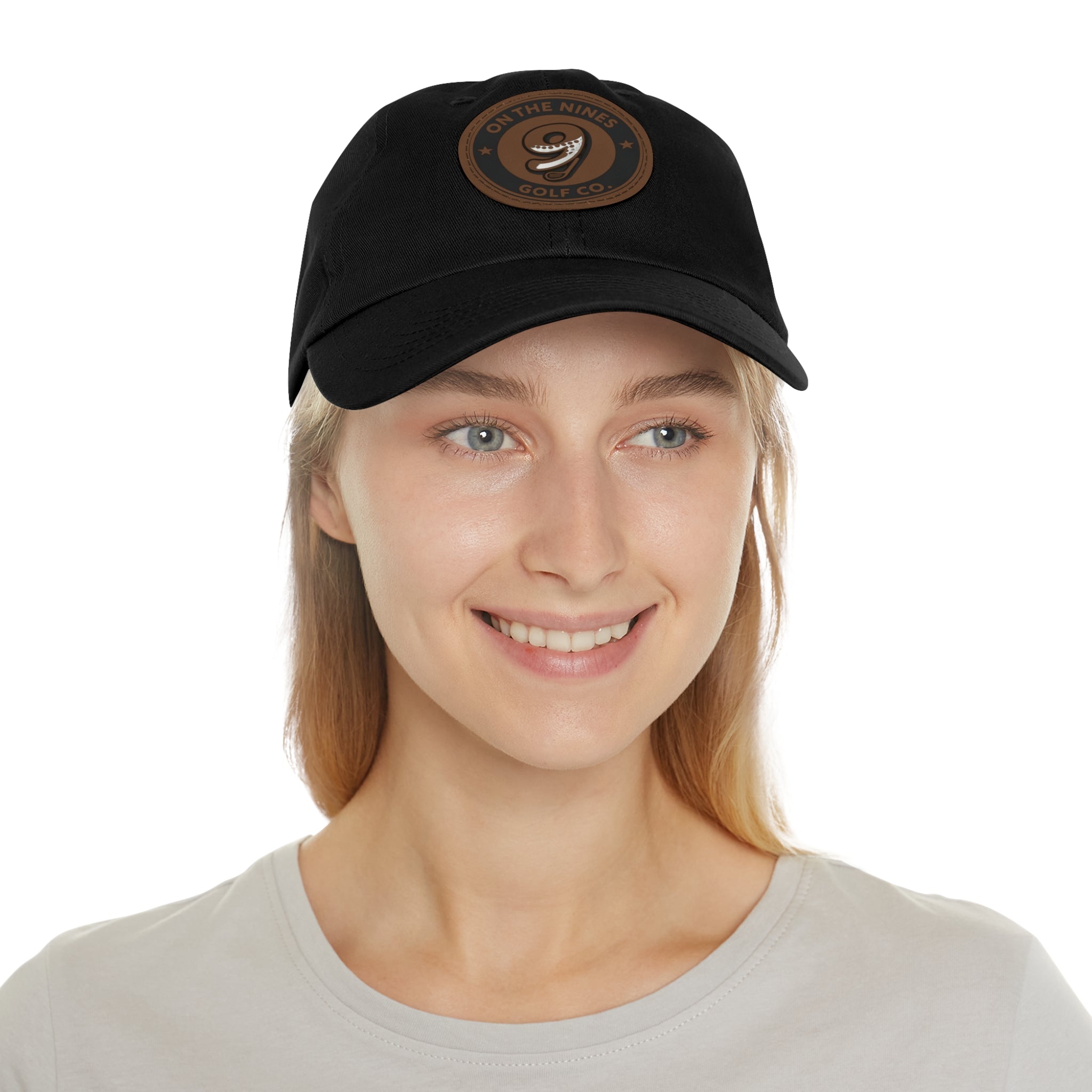 Golf Leather Patch Dad Hat — "On The Nines" Round Logo