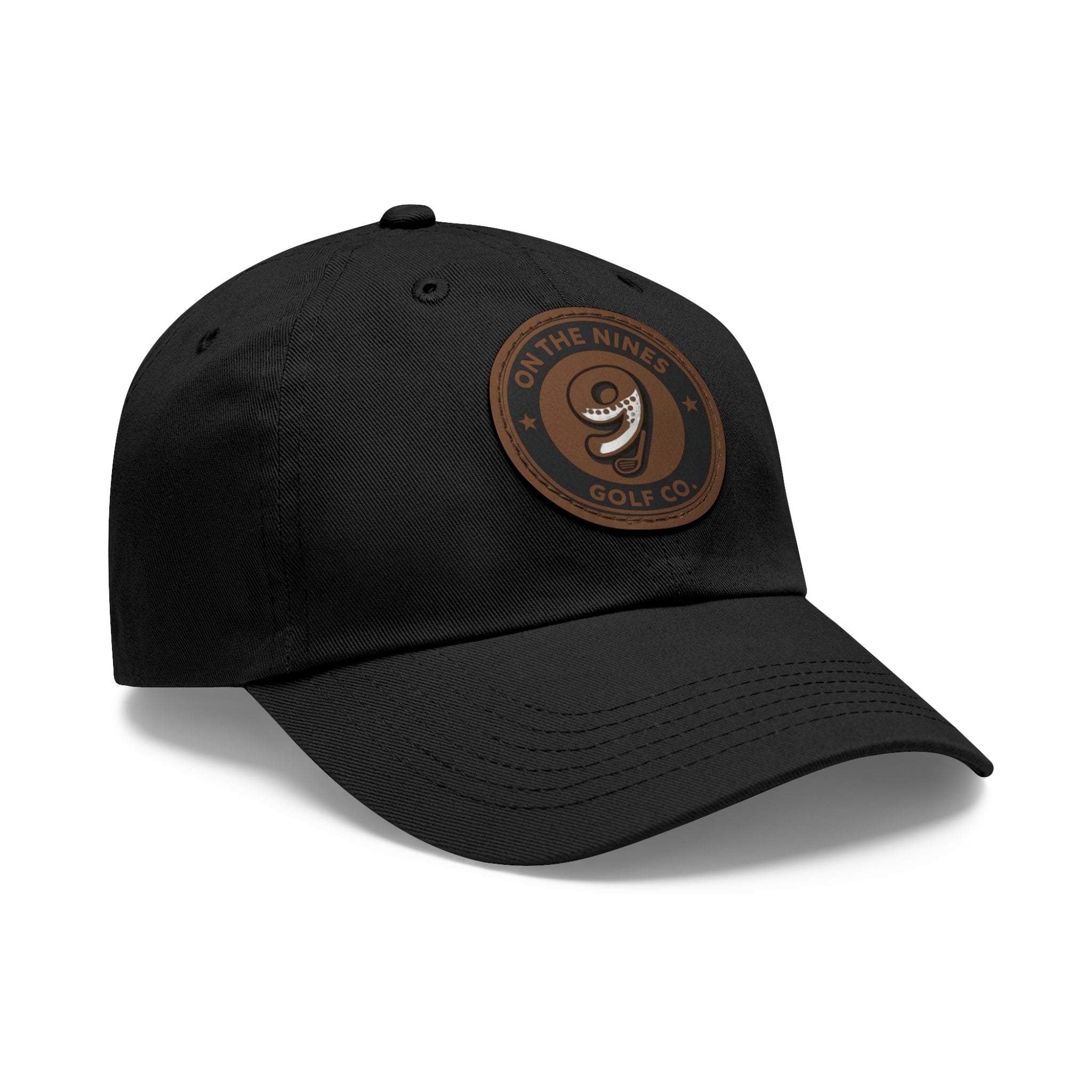 Golf Leather Patch Dad Hat — "On The Nines" Round Logo