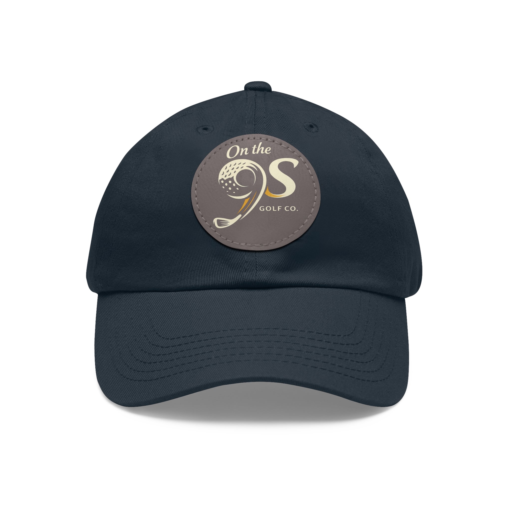 Golf Dad Hat with Round Leather Patch — "On the 9s" Vintage Golf Logo