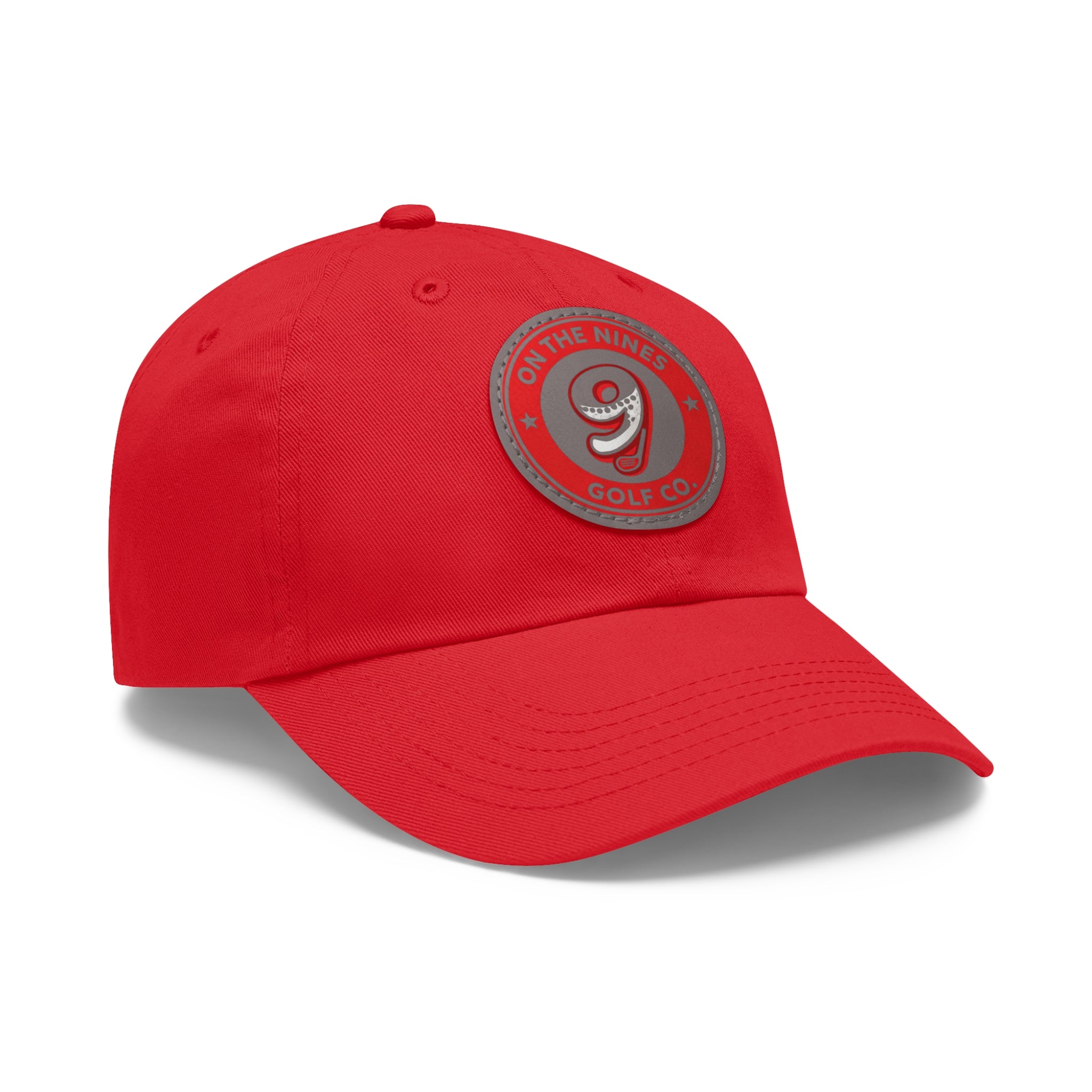 Golf Dad Hat with Red Leather Patch — "On The Nines" Logo Cap