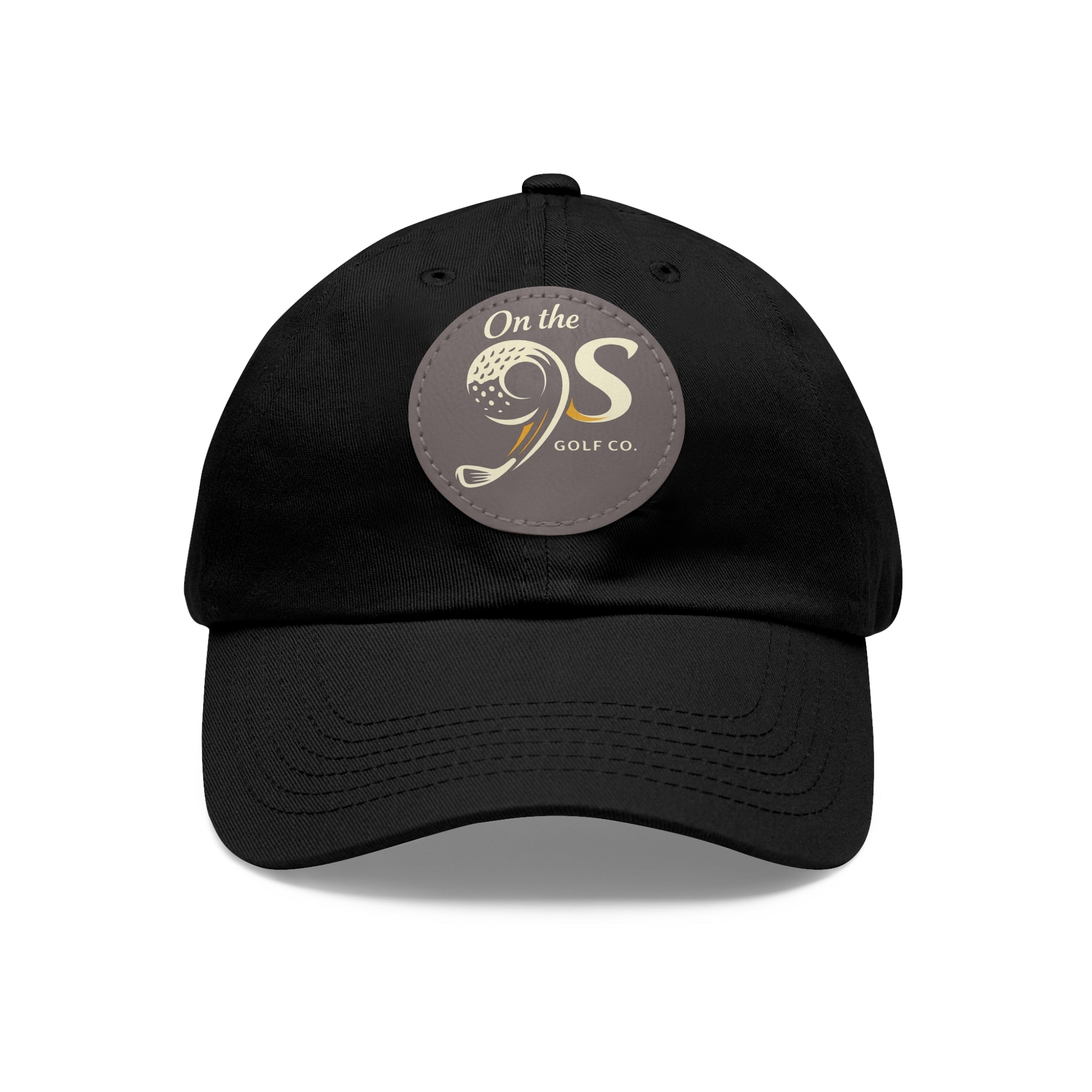 Golf Dad Hat with Round Leather Patch — "On the 9s" Vintage Golf Logo