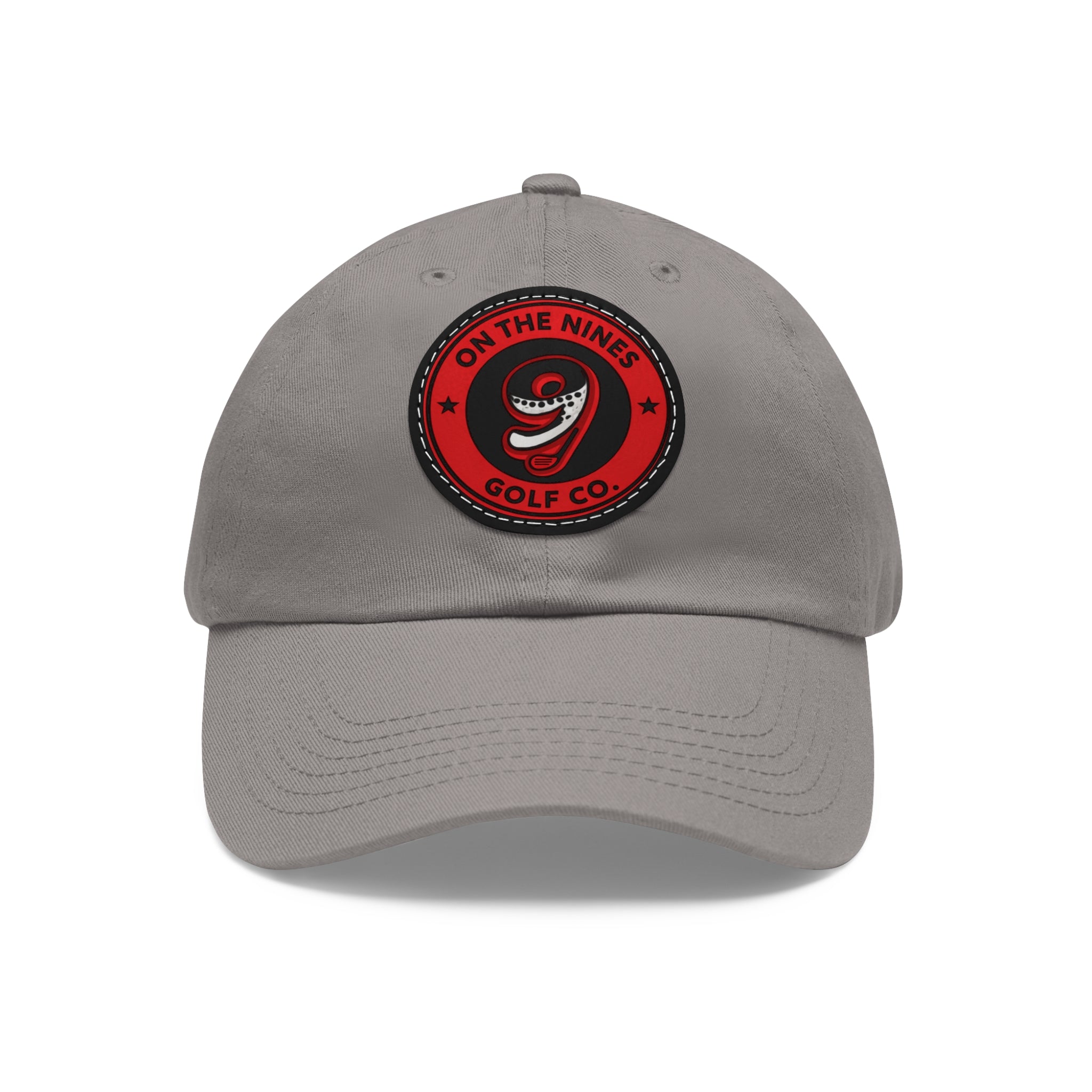 Golf Dad Hat with Red Leather Patch — "On The Nines" Logo Cap