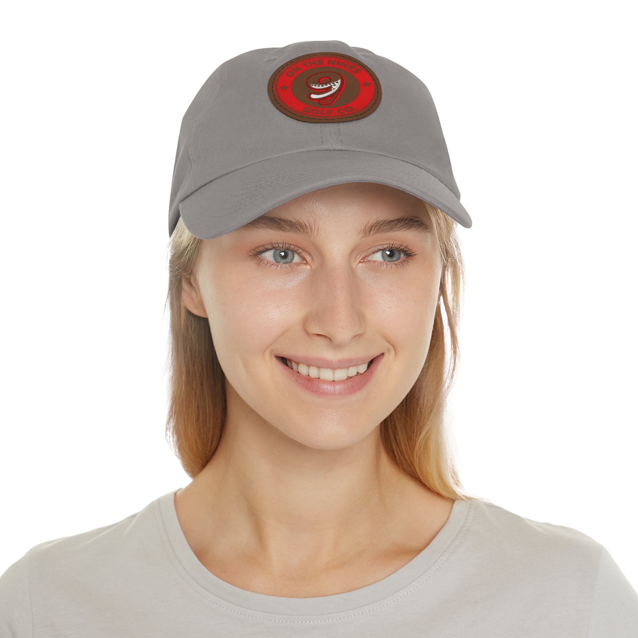 Golf Dad Hat with Red Leather Patch — "On The Nines" Logo Cap
