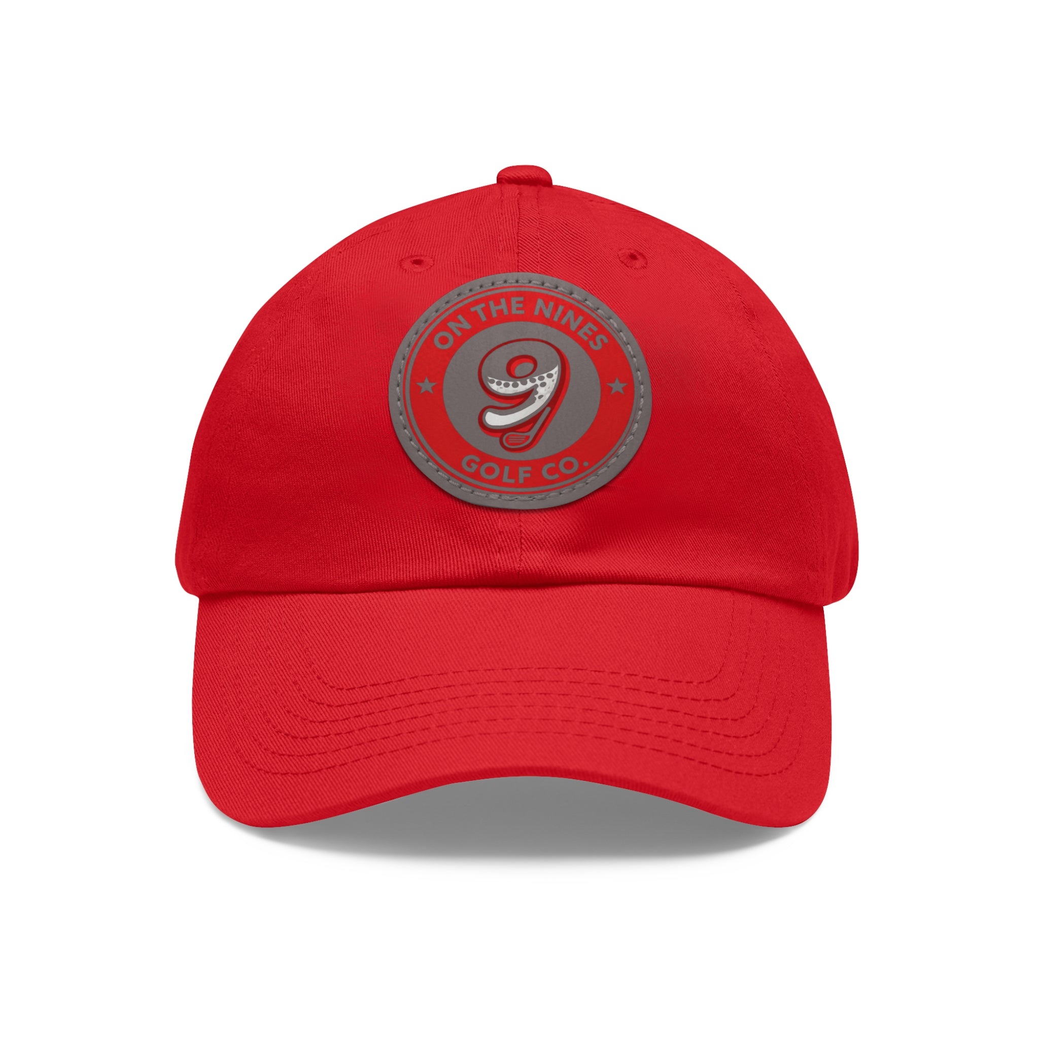 Golf Dad Hat with Red Leather Patch — "On The Nines" Logo Cap
