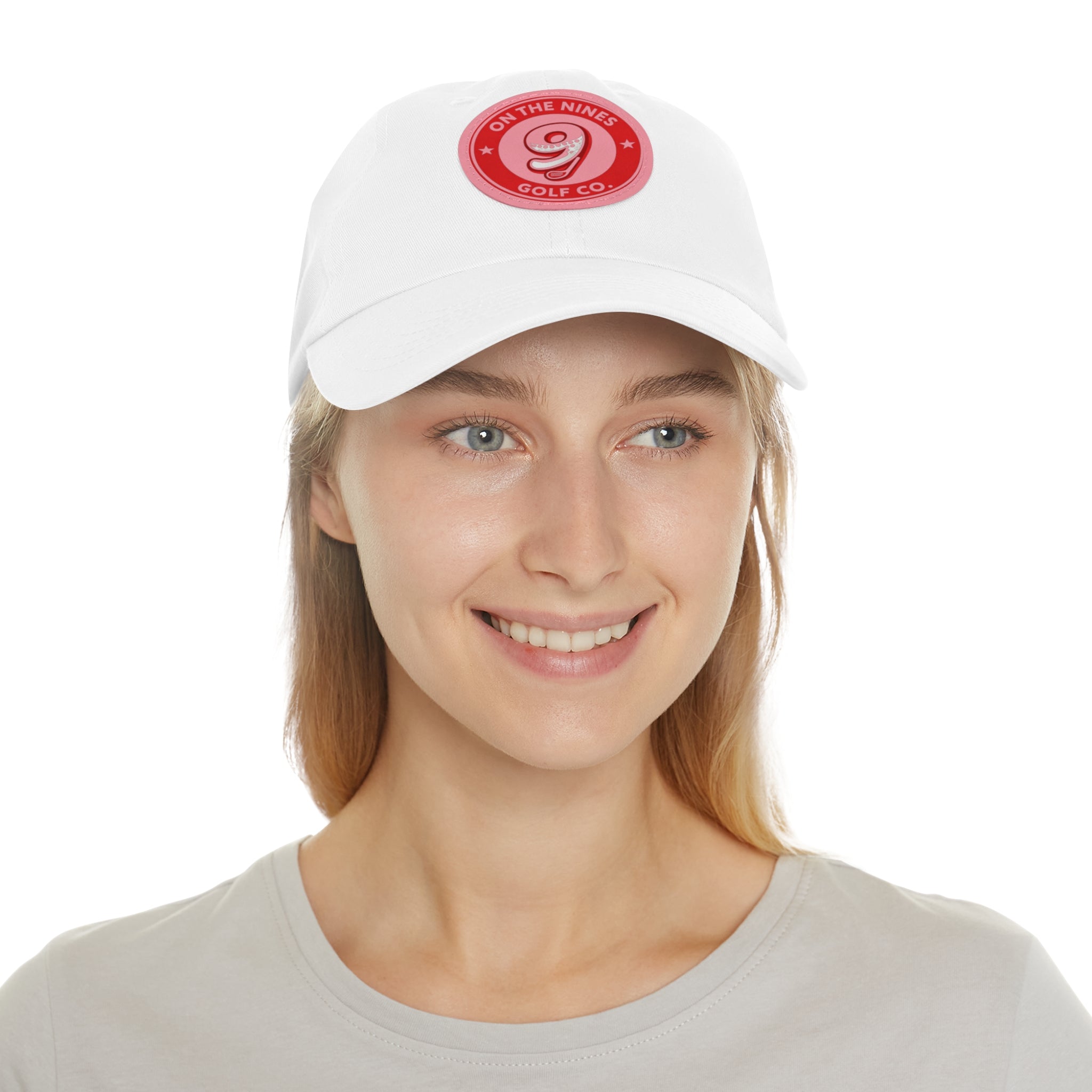 Golf Dad Hat with Red Leather Patch — "On The Nines" Logo Cap