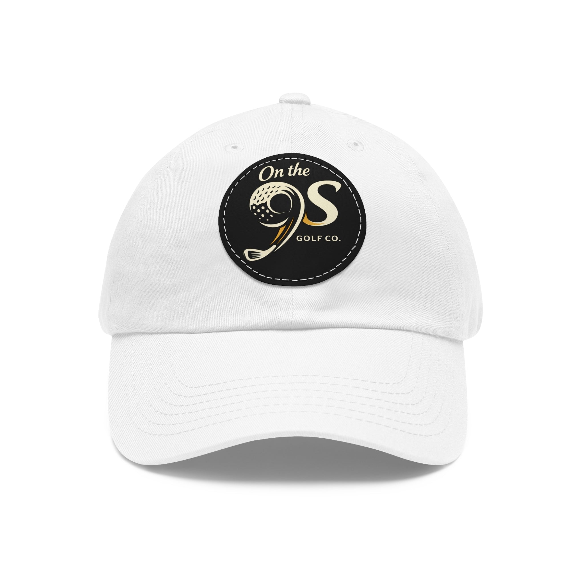 Golf Dad Hat with Round Leather Patch — "On the 9s" Vintage Golf Logo
