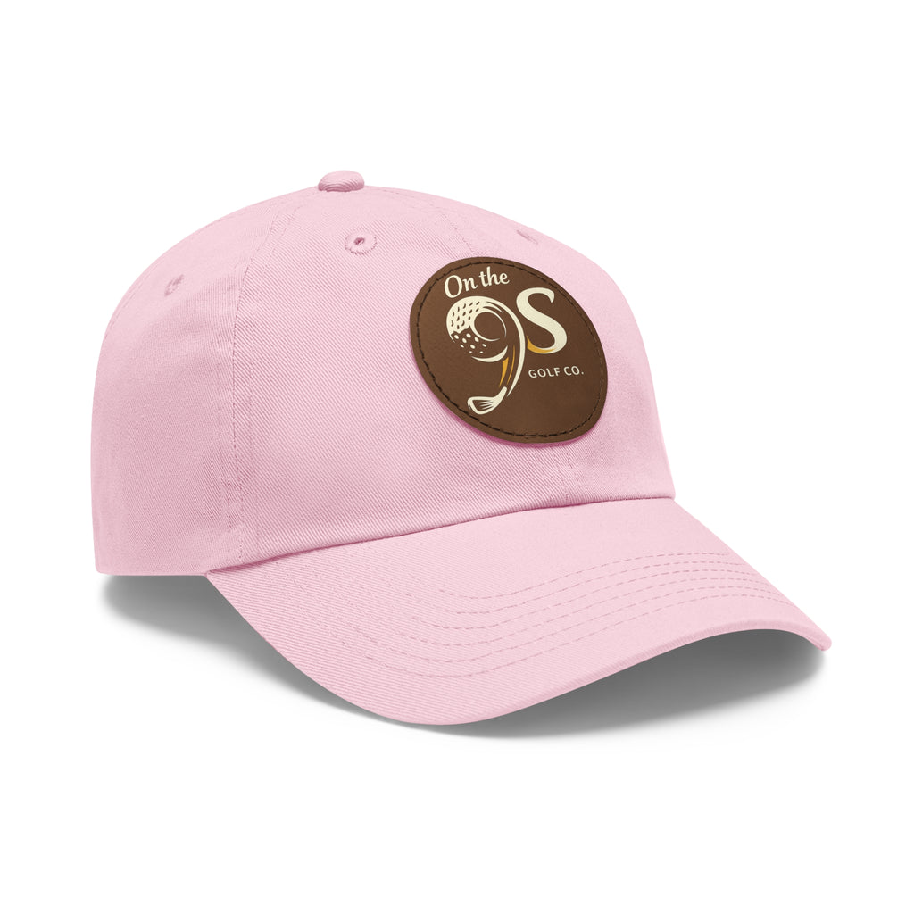 Golf Dad Hat with Round Leather Patch — "On the 9s" Vintage Golf Logo