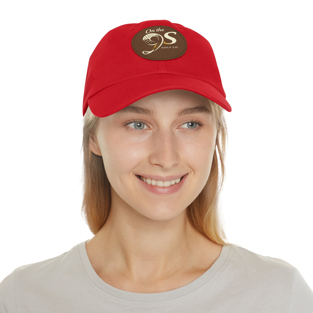 Golf Dad Hat with Round Leather Patch — "On the 9s" Vintage Golf Logo