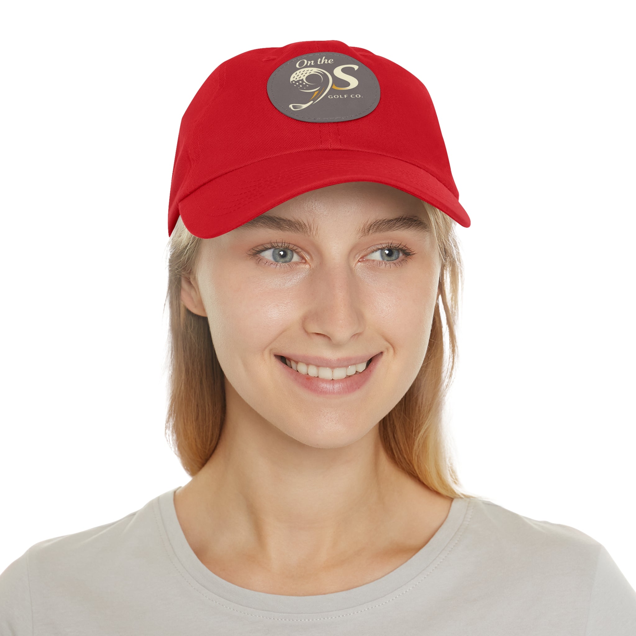 Golf Dad Hat with Round Leather Patch — "On the 9s" Vintage Golf Logo