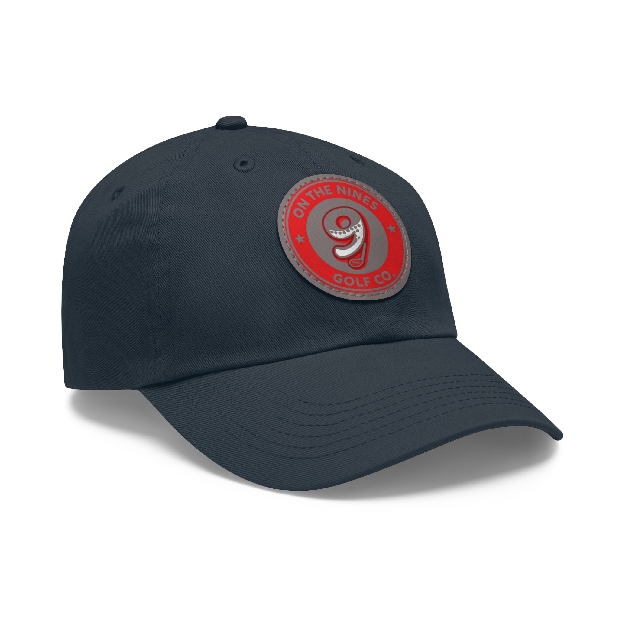 Golf Dad Hat with Red Leather Patch — "On The Nines" Logo Cap