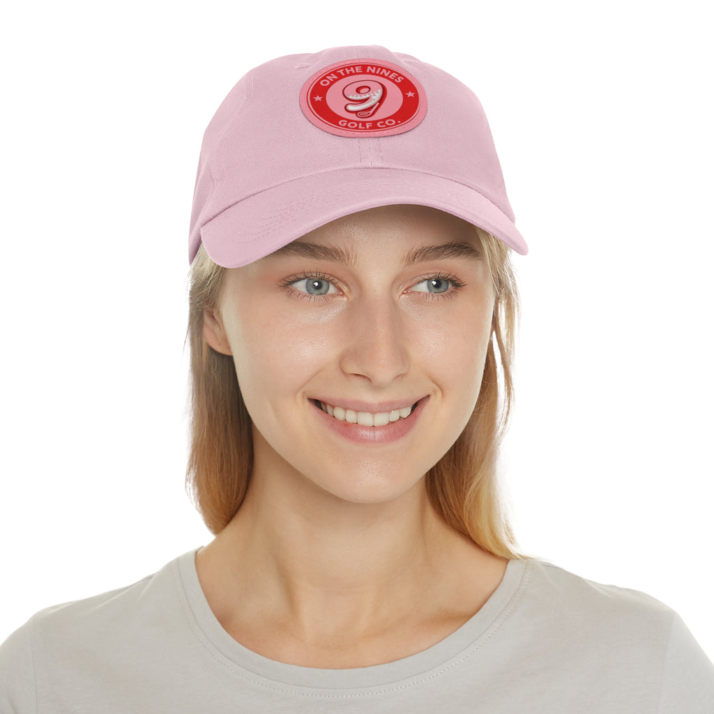 Golf Dad Hat with Red Leather Patch — "On The Nines" Logo Cap