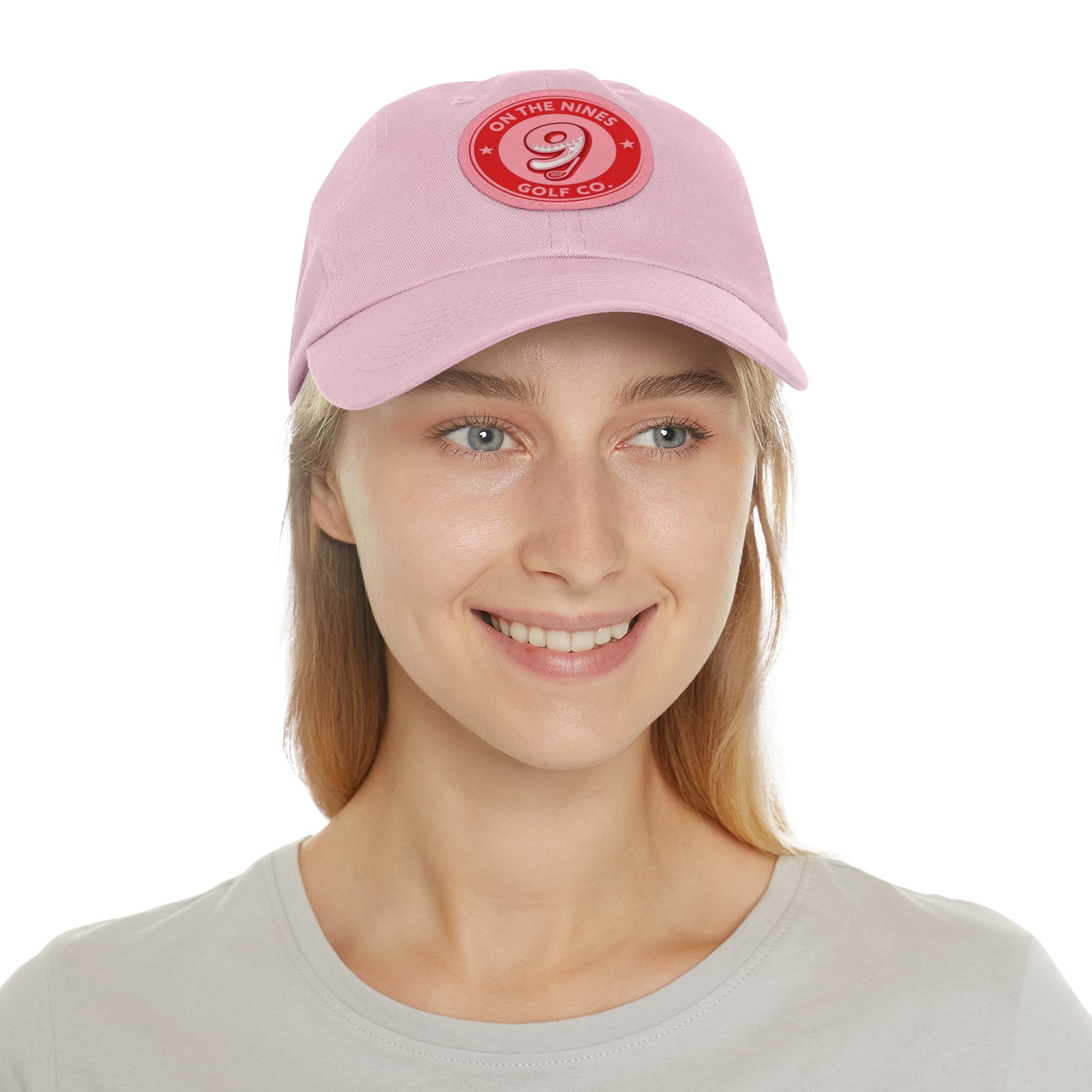 Golf Dad Hat with Red Leather Patch — "On The Nines" Logo Cap